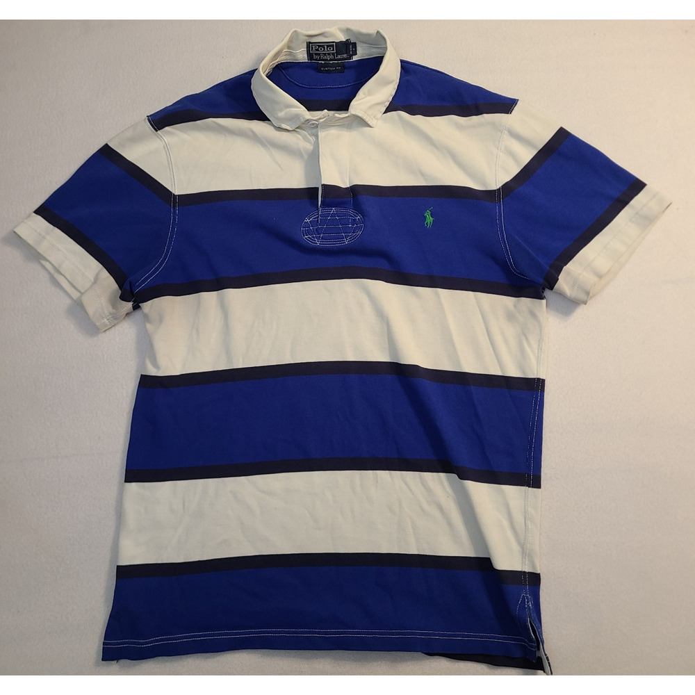 Polo Ralph Lauren Rugby Polo Shirt Mens Medium Blue White Striped Custom Fit
